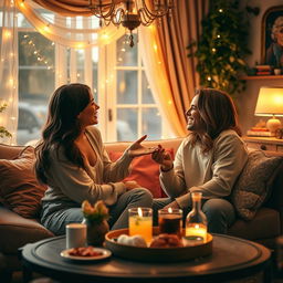 An enchanting scene of a playful woman in a cozy, elegantly decorated living room, engaging in a light-hearted relationship game with her partner