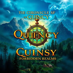 A fantastical book cover design for "The Chronicles of Quincy: Compass of the Forbidden Realms"