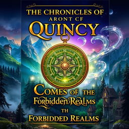 A fantastical book cover design for "The Chronicles of Quincy: Compass of the Forbidden Realms"