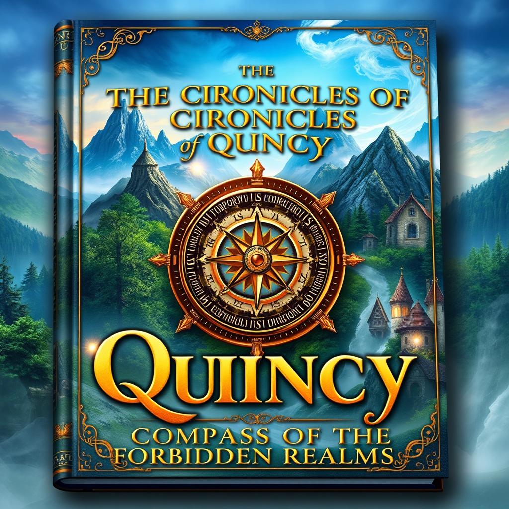 A fantastical book cover design for "The Chronicles of Quincy: Compass of the Forbidden Realms"