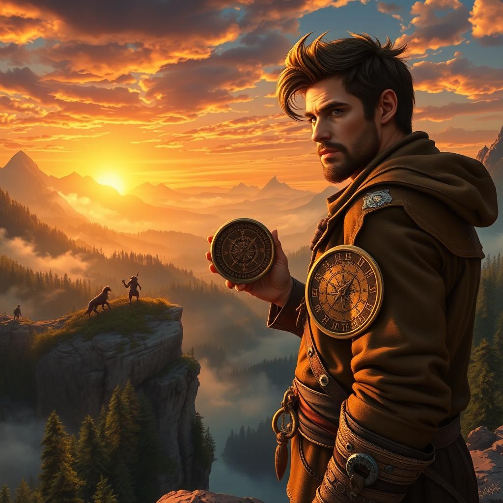 An epic fantasy scene inspired by 'The Chronicles of Quincy: Compass of the Forbidden Realms', depicting a rugged adventurer named Quincy holding an ornate compass, covered in ancient runes