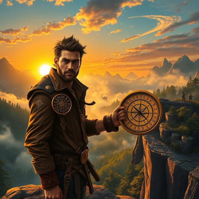 An epic fantasy scene inspired by 'The Chronicles of Quincy: Compass of the Forbidden Realms', depicting a rugged adventurer named Quincy holding an ornate compass, covered in ancient runes