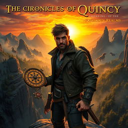 An epic fantasy scene inspired by 'The Chronicles of Quincy: Compass of the Forbidden Realms', depicting a rugged adventurer named Quincy holding an ornate compass, covered in ancient runes