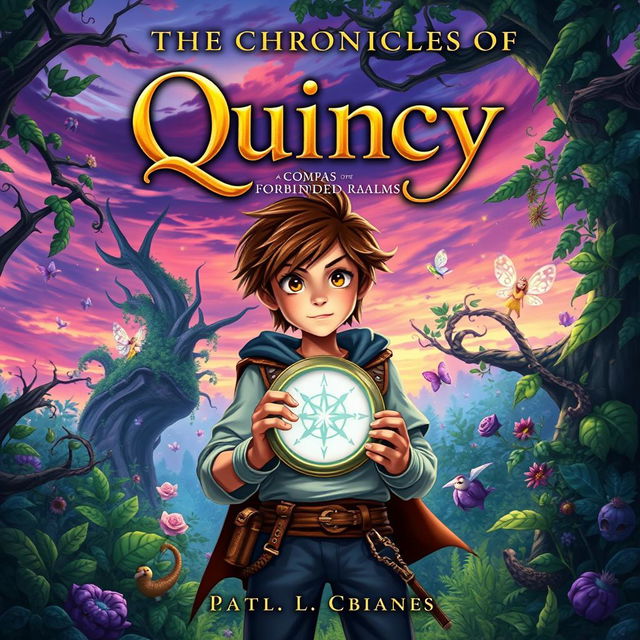 A mystical fantasy book cover titled 'The Chronicles of Quincy: Compass of the Forbidden Realms'