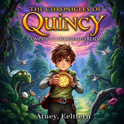 A mystical fantasy book cover titled 'The Chronicles of Quincy: Compass of the Forbidden Realms'