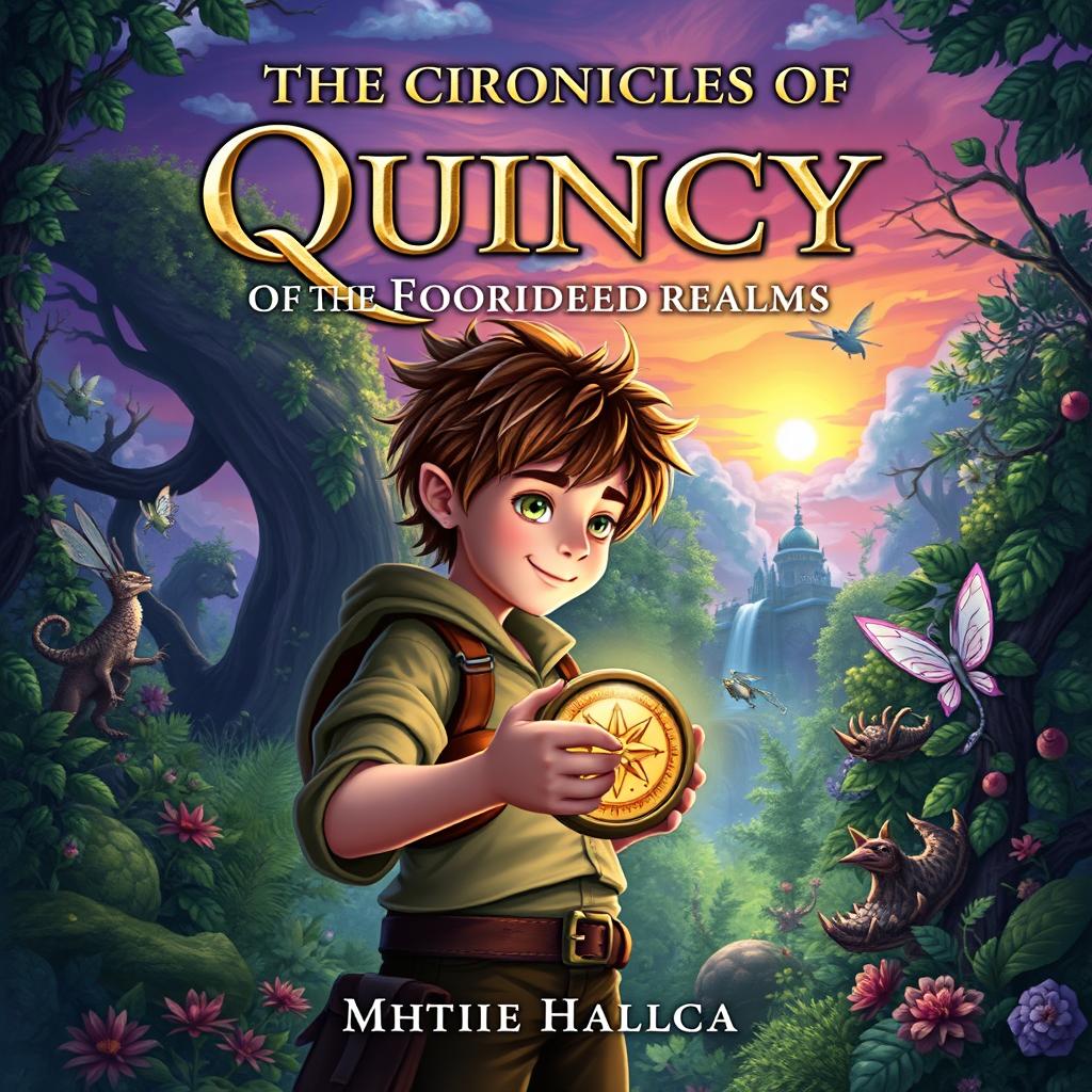 A mystical fantasy book cover titled 'The Chronicles of Quincy: Compass of the Forbidden Realms'