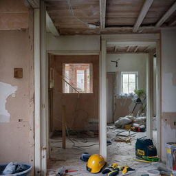 A house in the middle of a massive renovation, with construction material and tools lying around, yet still keeping its charm.