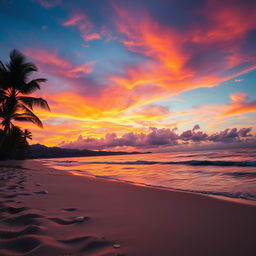 A captivating sunset scene showcasing vibrant hues of orange, pink, and purple intricately blending across the sky, casting a warm glow over a serene beach