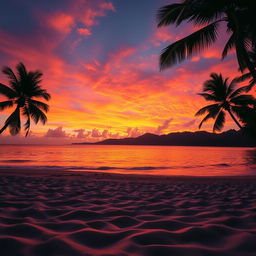A captivating sunset scene showcasing vibrant hues of orange, pink, and purple intricately blending across the sky, casting a warm glow over a serene beach