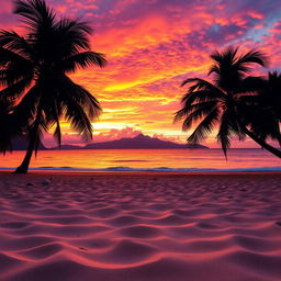 A captivating sunset scene showcasing vibrant hues of orange, pink, and purple intricately blending across the sky, casting a warm glow over a serene beach