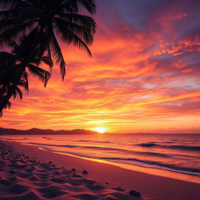 A captivating sunset scene showcasing vibrant hues of orange, pink, and purple intricately blending across the sky, casting a warm glow over a serene beach