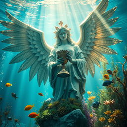 A detailed underwater scene featuring a majestic statue with large, delicate wings, holding a beautifully ornate chalice
