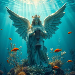 A detailed underwater scene featuring a majestic statue with large, delicate wings, holding a beautifully ornate chalice