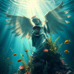 A detailed underwater scene featuring a majestic statue with large, delicate wings, holding a beautifully ornate chalice