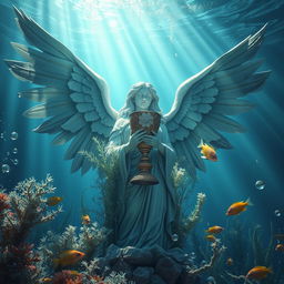 A detailed underwater scene featuring a majestic statue with large, delicate wings, holding a beautifully ornate chalice