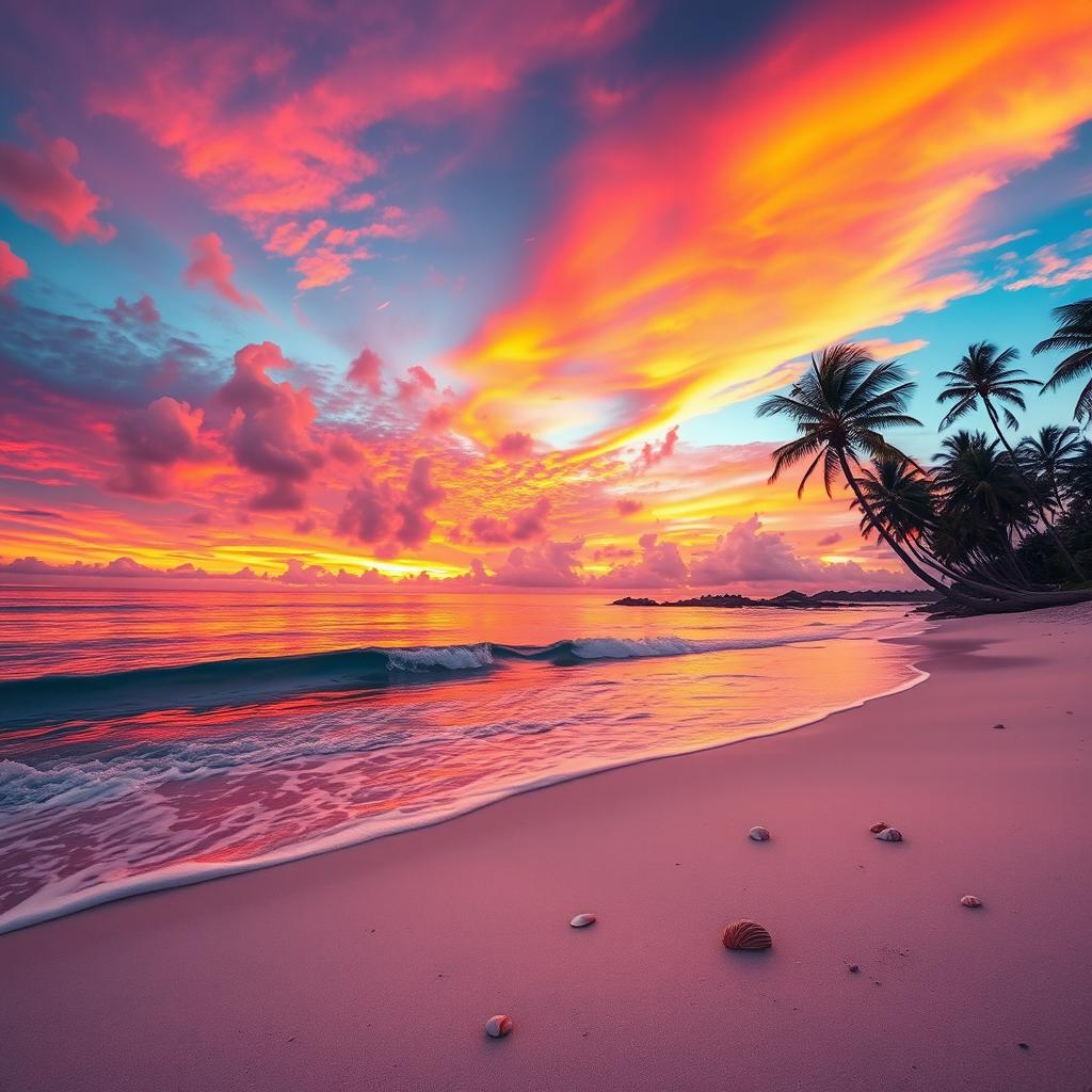 A captivating sunset scene featuring stunning orange, pink, and purple hues artistically blending in the sky, creating a breathtaking backdrop over a serene beach