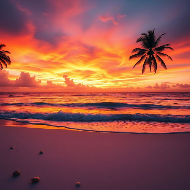 A captivating sunset scene featuring stunning orange, pink, and purple hues artistically blending in the sky, creating a breathtaking backdrop over a serene beach