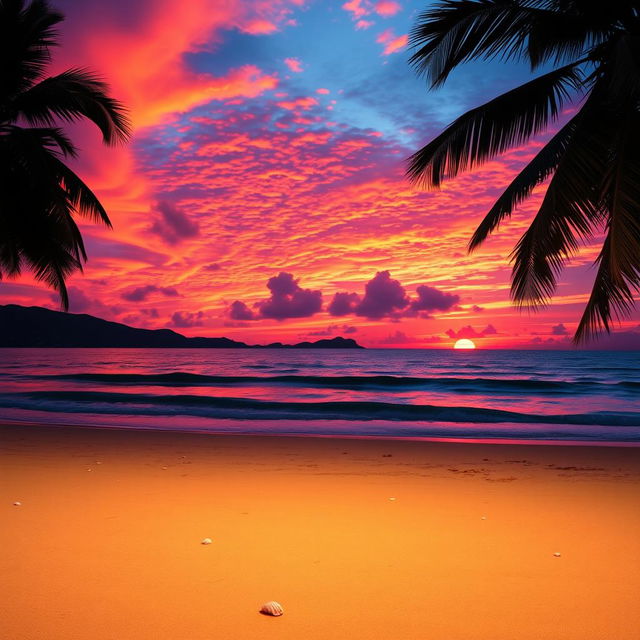 A captivating sunset scene featuring a spectacular blend of orange, pink, and purple hues painted across the sky, casting a warm glow over a tranquil beach