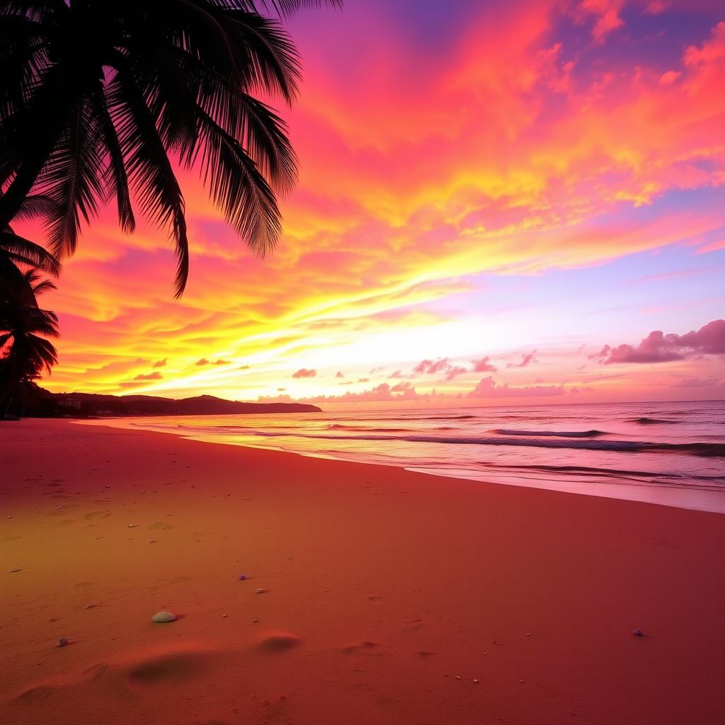 A captivating sunset scene featuring a spectacular blend of orange, pink, and purple hues painted across the sky, casting a warm glow over a tranquil beach