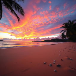 A captivating sunset scene featuring a spectacular blend of orange, pink, and purple hues painted across the sky, casting a warm glow over a tranquil beach