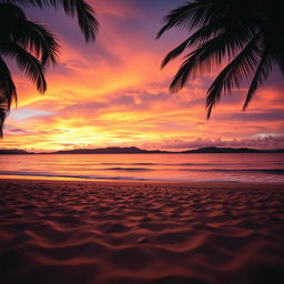 A captivating sunset scene featuring a spectacular blend of orange, pink, and purple hues painted across the sky, casting a warm glow over a tranquil beach