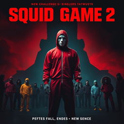 A dramatic movie poster for 'Squid Game 2', featuring a dark and intense atmosphere