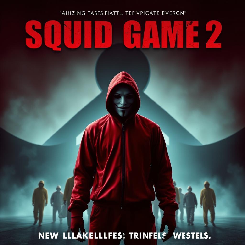 A dramatic movie poster for 'Squid Game 2', featuring a dark and intense atmosphere