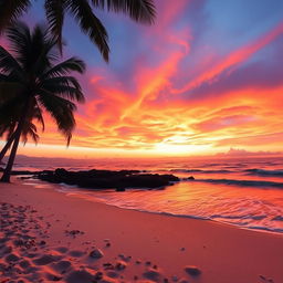A captivating sunset scene displaying an enchanting blend of orange, pink, and purple hues swirling beautifully across the sky, illuminating a serene beach below