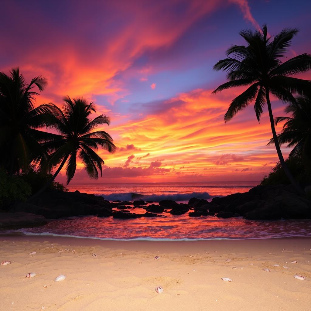 A captivating sunset scene displaying an enchanting blend of orange, pink, and purple hues swirling beautifully across the sky, illuminating a serene beach below