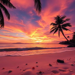 A captivating sunset scene displaying an enchanting blend of orange, pink, and purple hues swirling beautifully across the sky, illuminating a serene beach below