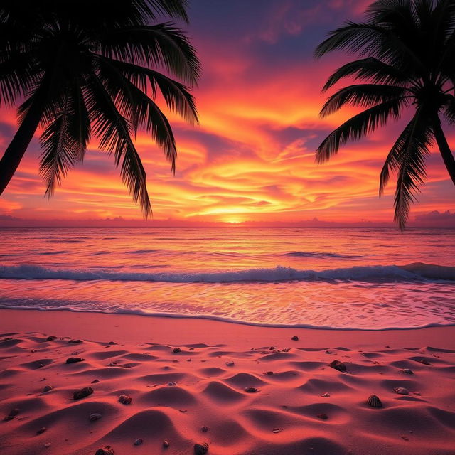 A captivating sunset scene displaying an enchanting blend of orange, pink, and purple hues swirling beautifully across the sky, illuminating a serene beach below