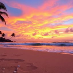 A captivating sunset scene showcasing a stunning array of orange, pink, and purple hues blended beautifully in the sky over a serene beach