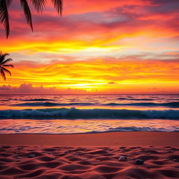 A captivating sunset scene showcasing a stunning array of orange, pink, and purple hues blended beautifully in the sky over a serene beach