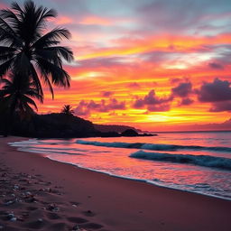 A captivating sunset scene showcasing a stunning array of orange, pink, and purple hues blended beautifully in the sky over a serene beach