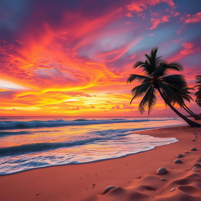 A captivating sunset scene showcasing a stunning array of orange, pink, and purple hues blended beautifully in the sky over a serene beach