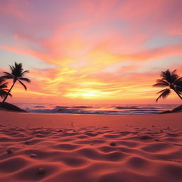 A captivating sunset scene with an exquisite mix of orange, pink, and purple hues beautifully blending in the sky, casting a mesmerizing light over a tranquil beach
