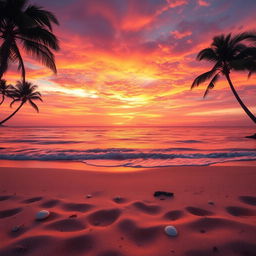 A captivating sunset scene with an exquisite mix of orange, pink, and purple hues beautifully blending in the sky, casting a mesmerizing light over a tranquil beach