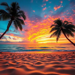 A captivating sunset scene with an exquisite mix of orange, pink, and purple hues beautifully blending in the sky, casting a mesmerizing light over a tranquil beach