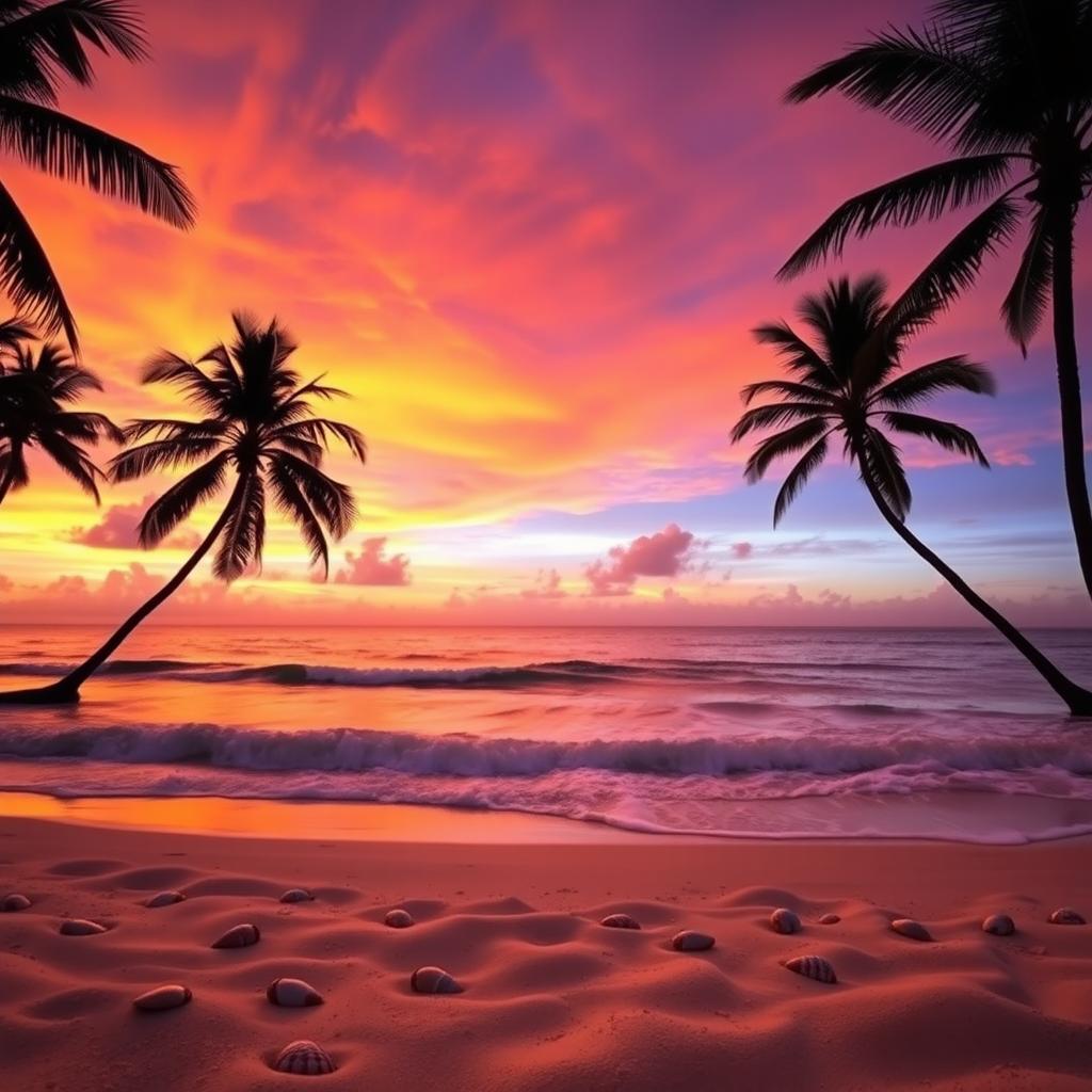 A captivating sunset scene showcasing a breathtaking gradient of orange, pink, and purple hues painting the sky above a serene beach