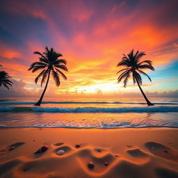 A captivating sunset scene showcasing a breathtaking gradient of orange, pink, and purple hues painting the sky above a serene beach