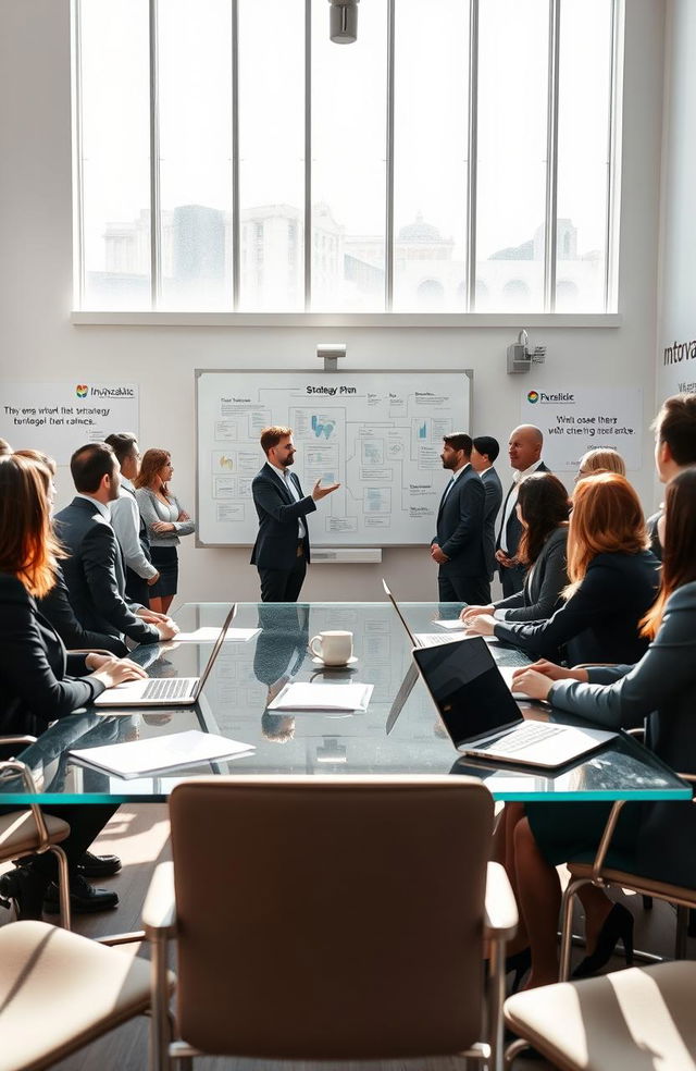 An abstract representation of strategic management, showcasing a corporate meeting room filled with diverse professionals in business attire