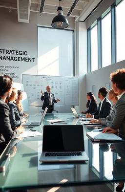 An abstract representation of strategic management, showcasing a corporate meeting room filled with diverse professionals in business attire