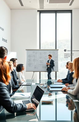 An abstract representation of strategic management, showcasing a corporate meeting room filled with diverse professionals in business attire