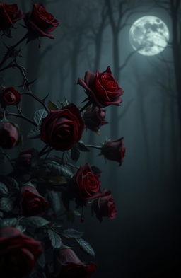 A dark and atmospheric scene inspired by gothic poetry, featuring an array of deep red roses entangled with sharp thorns, dripping with blood