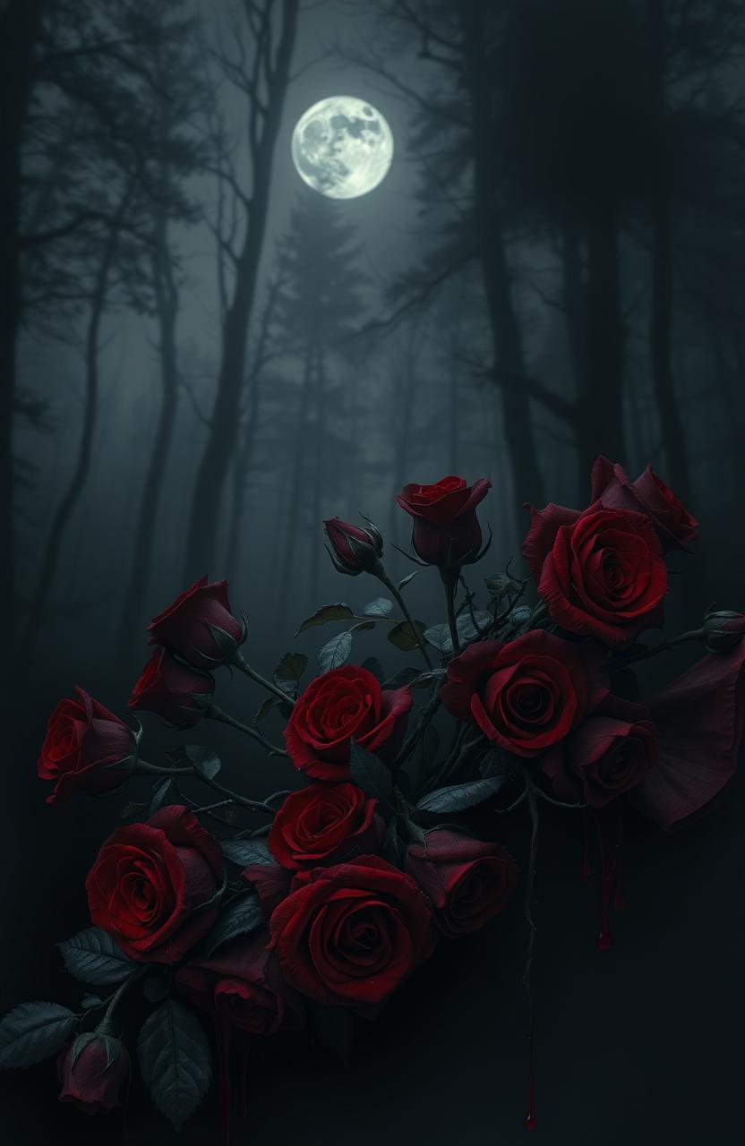 A dark and atmospheric scene inspired by gothic poetry, featuring an array of deep red roses entangled with sharp thorns, dripping with blood