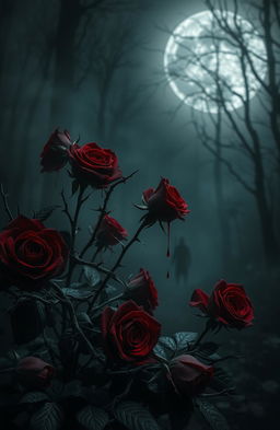 A dark and atmospheric scene inspired by gothic poetry, featuring an array of deep red roses entangled with sharp thorns, dripping with blood