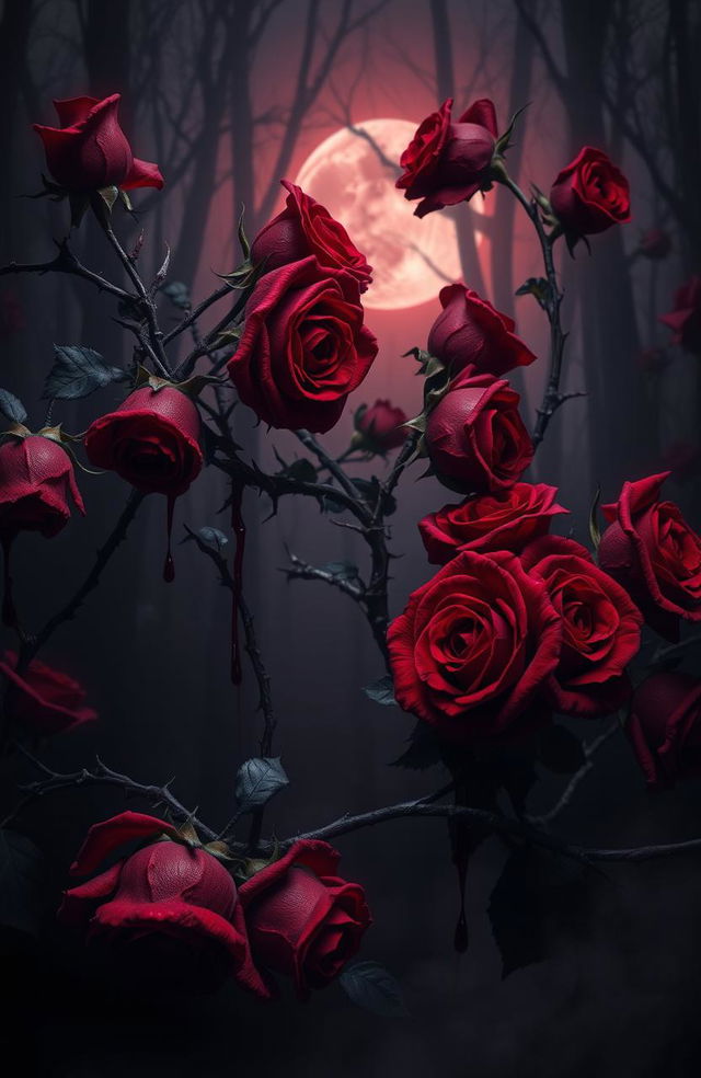 A dark and atmospheric scene inspired by gothic poetry, featuring an array of deep red roses entangled with sharp thorns, dripping with blood