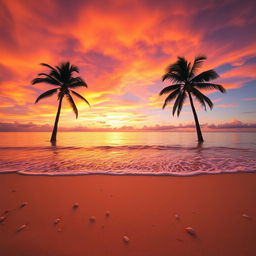A captivating sunset scene featuring a breathtaking display of orange, pink, and purple hues swirling across the sky above a serene beach