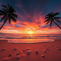 A captivating sunset scene featuring a breathtaking display of orange, pink, and purple hues swirling across the sky above a serene beach