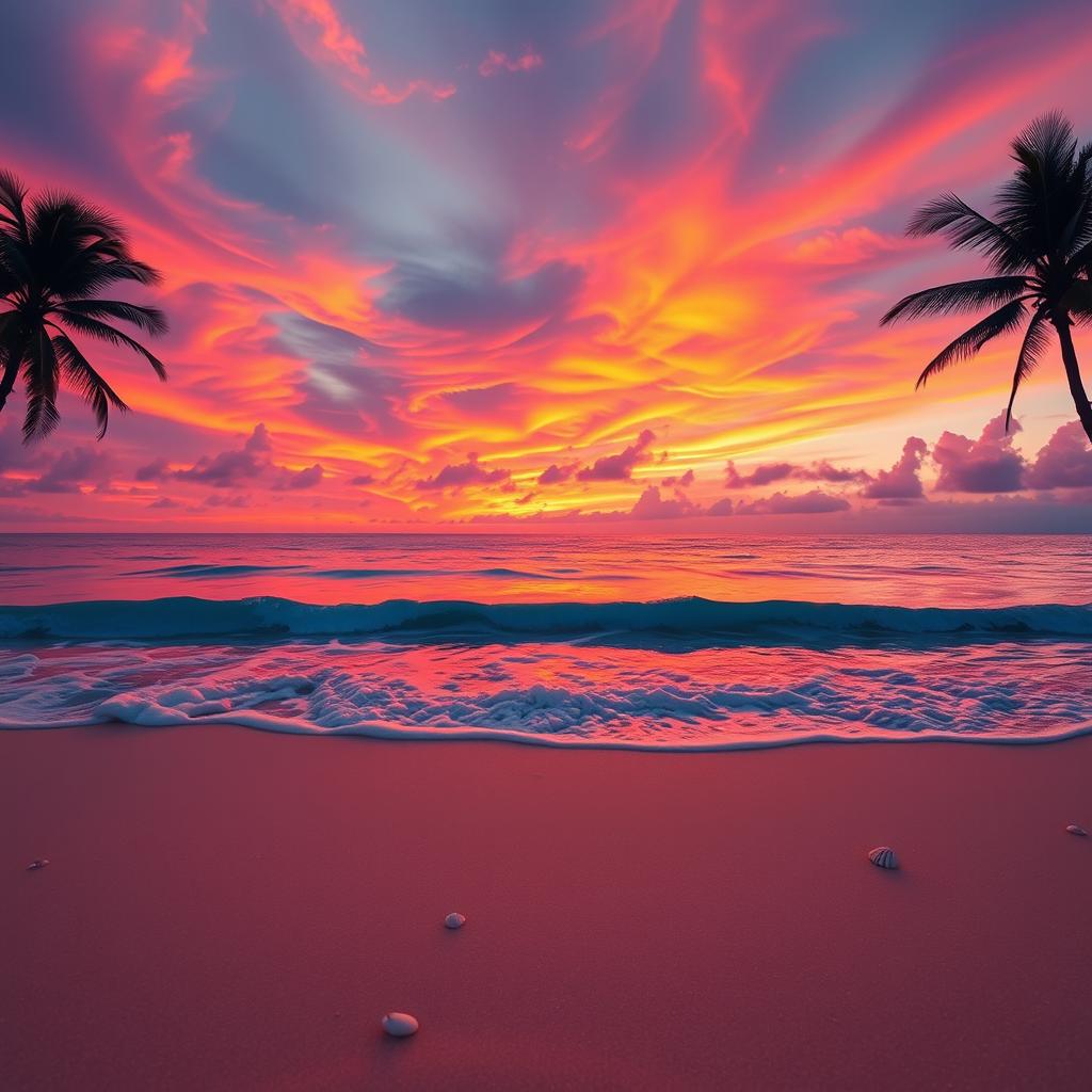 A captivating sunset scene featuring a breathtaking display of orange, pink, and purple hues swirling across the sky above a serene beach